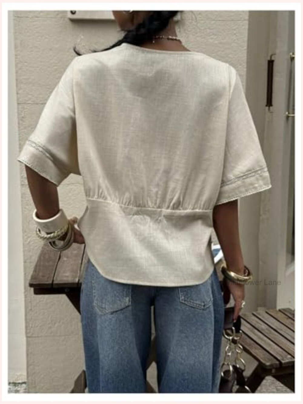 Boho Peasant Blouse Lace V Neck Cinched Waist 3/4 Sleeve Embroidered Shirt - Picture 2 of 5